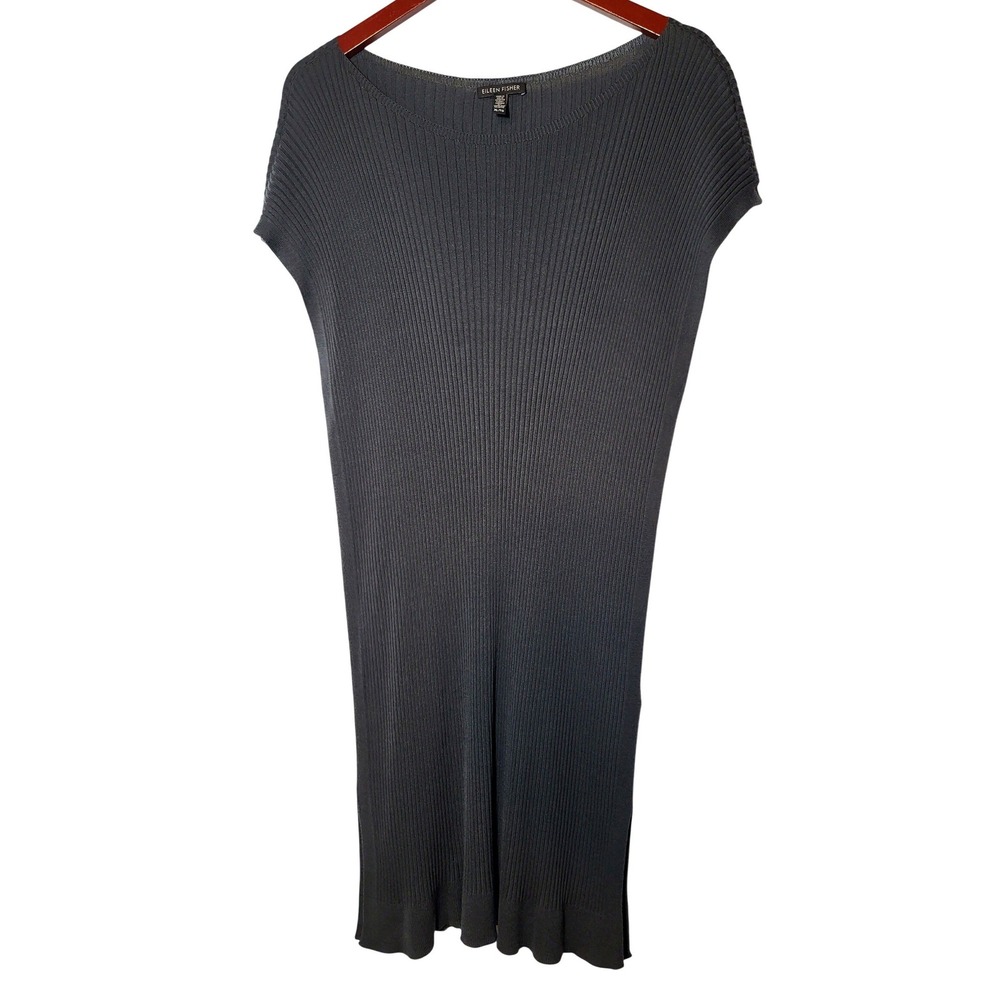 Eileen Fisher Graphite Tencel Ribbed Cap‎ Sleeve Tunic/Dress XL Minimalist Layer